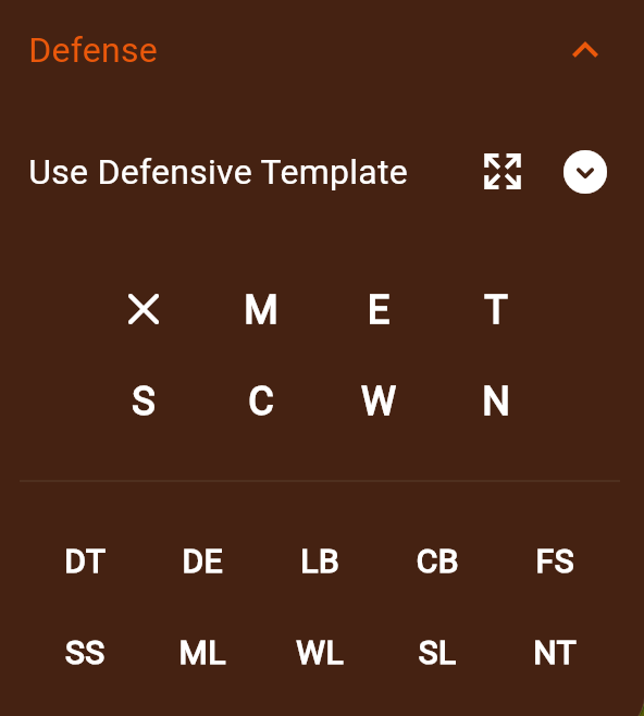 Defensive football template tools with defensive tackle, defensive end, linebacker, cornerback, free safety, strong safety, and nose tackle labels