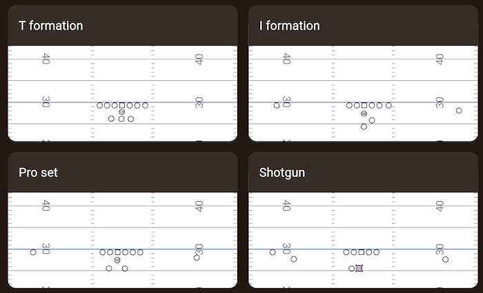 Football formation templates for T formation, I formation, Pro set, and Shotgun in the PlayIQ playbook builder