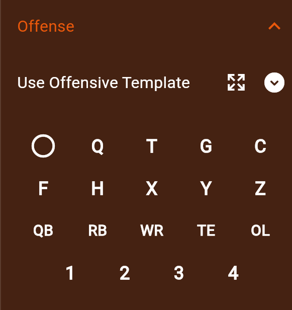 Offensive football template tools with quarterback, running back, wide receiver, tight end, offensive line, and player labels